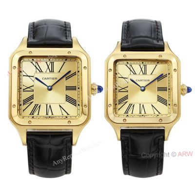 Swiss Superclone Yellow Gold Cartier Santos-Dumont Leather Strap Watch